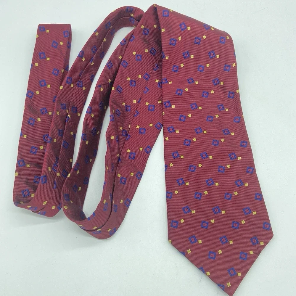 Lauren Ralph Lauren Neck Tie - Hand Finished In USA, 100% Silk - Dark Red Geo